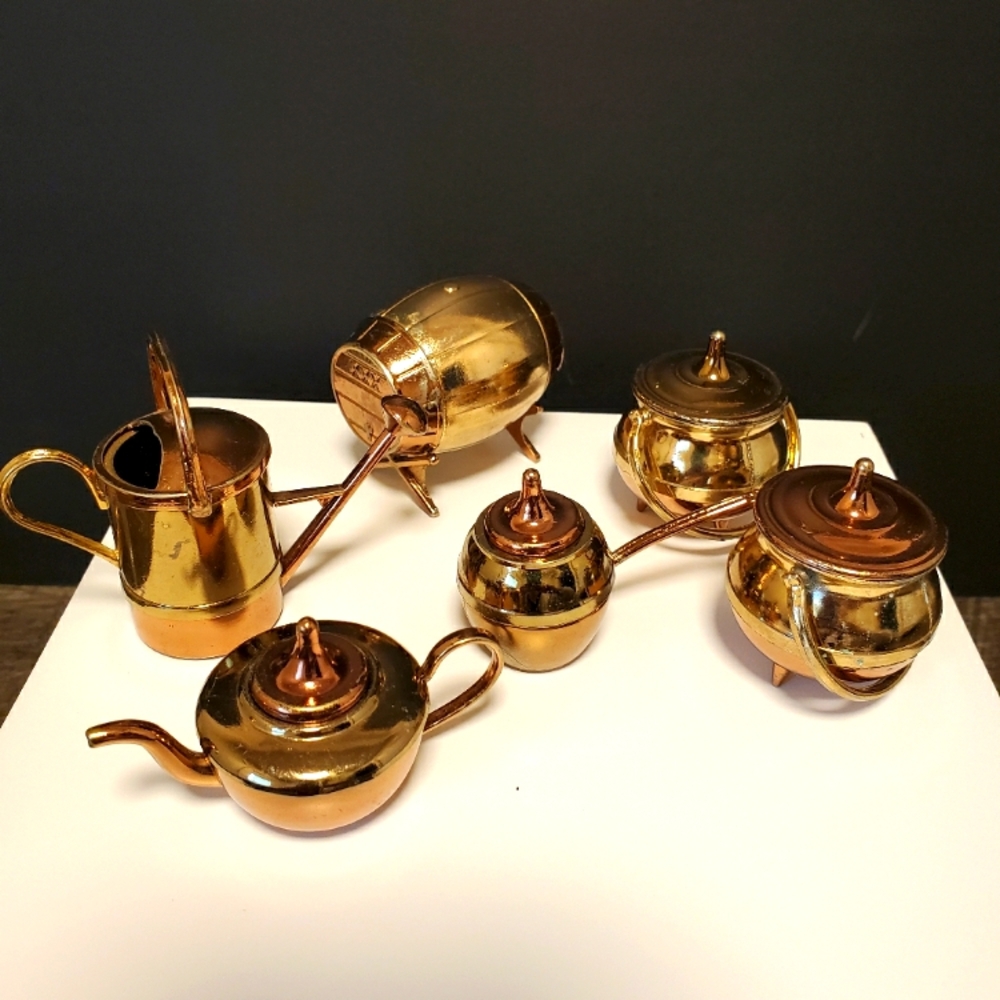 Vintage Brass Miniature Gold Kitchen Pots Tea Set Watering Can Barrel